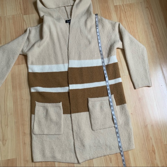 Lulus M/L Carlsbad Sweater Cardigan Open Hooded Tan Beige Striped Pockets - Picture 6 of 8